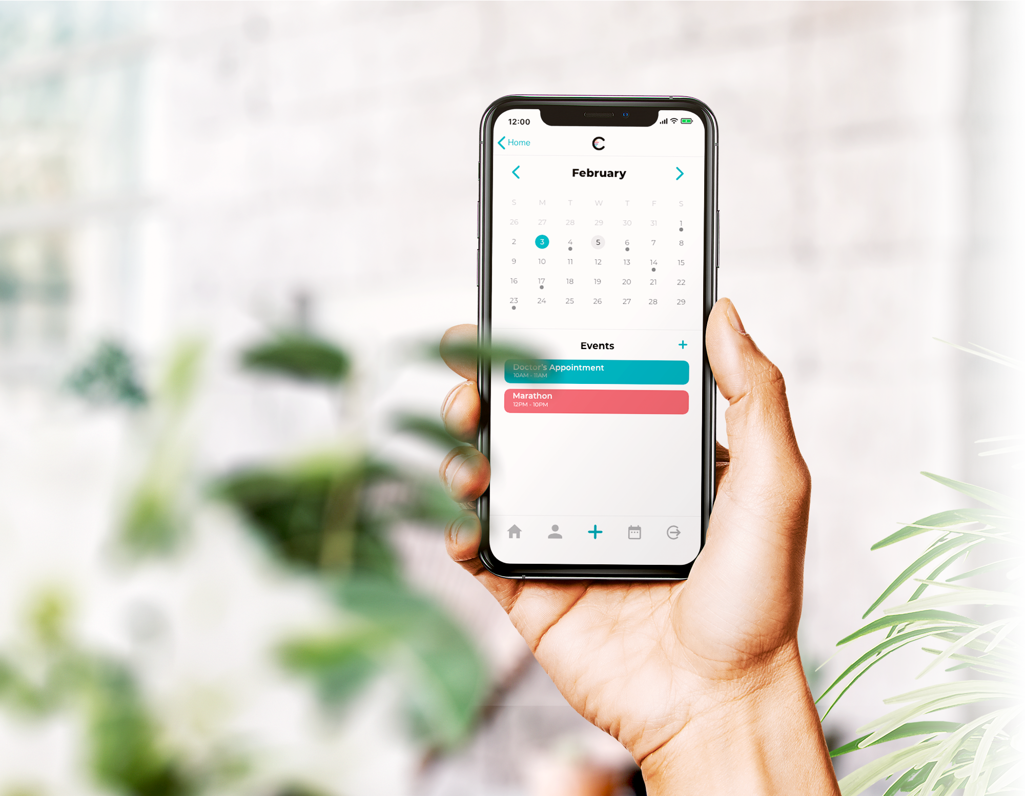 Hand holding a phone showing the Curenav calendar with an appointment listed under events