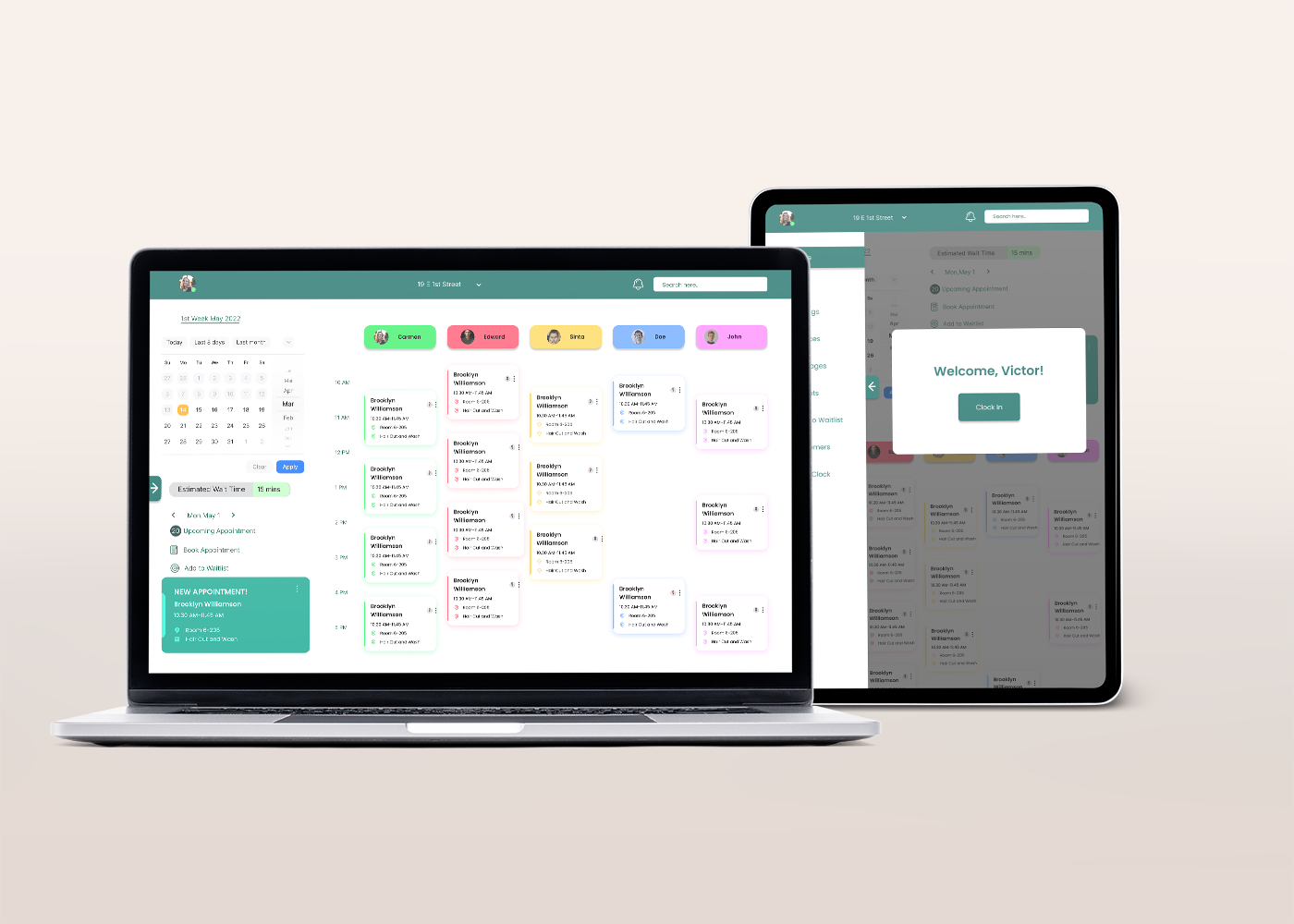 Laptop and tablet showing the salon booking calendar and a welcome screen