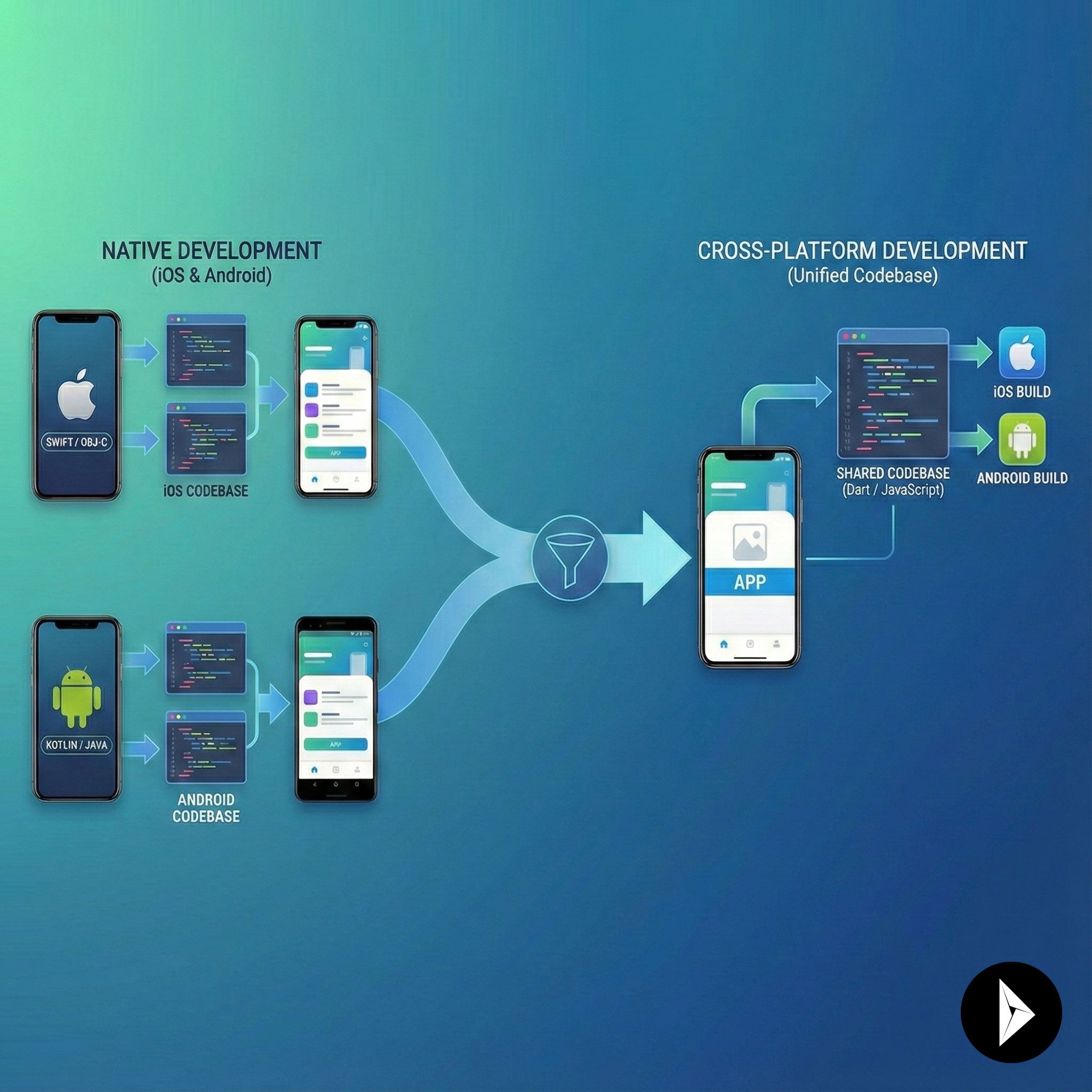 Diagram comparing two separate native codebases for iOS and Android with one shared cross-platform codebase