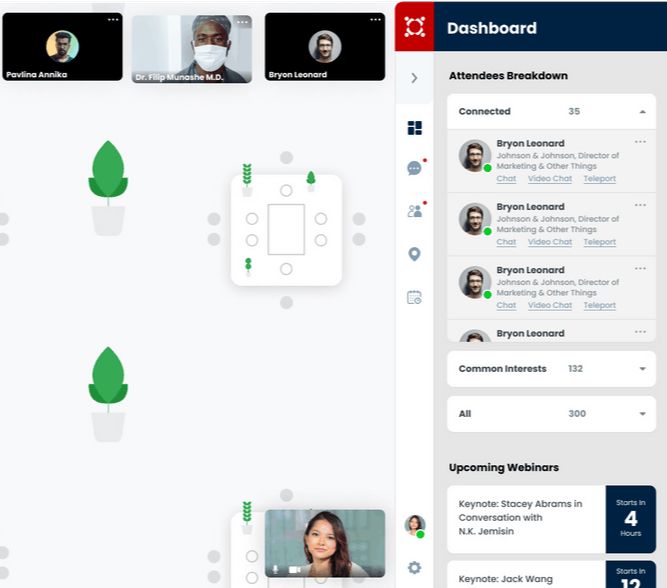 WeConnectMe screen with a top-down virtual room, video tiles, an attendee list, and upcoming webinars