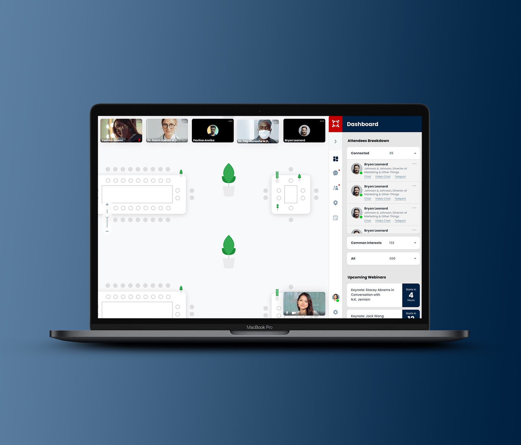 Laptop showing the WeConnectMe virtual room with video tiles and an attendee dashboard
