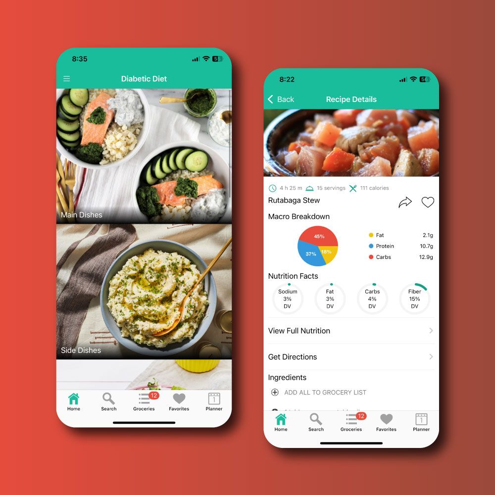 Two phones showing a recipe list and a recipe detail screen with a nutrition breakdown