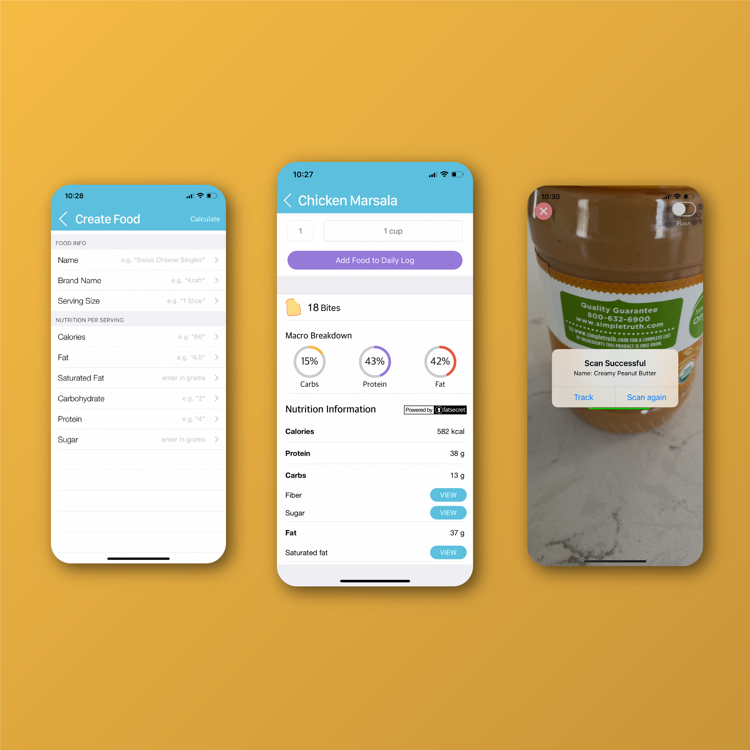 Three phones showing the Food Calculator food entry form, a food's score and macro breakdown, and a barcode scan of a jar