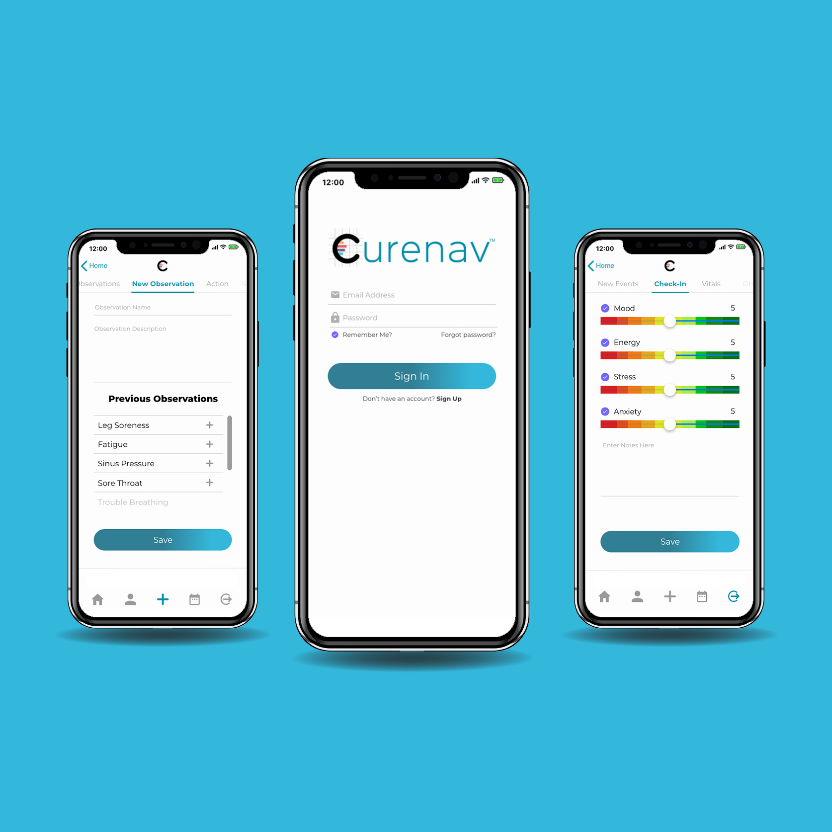 Three phones showing Curenav's symptom observations, sign-in screen, and daily check-in sliders