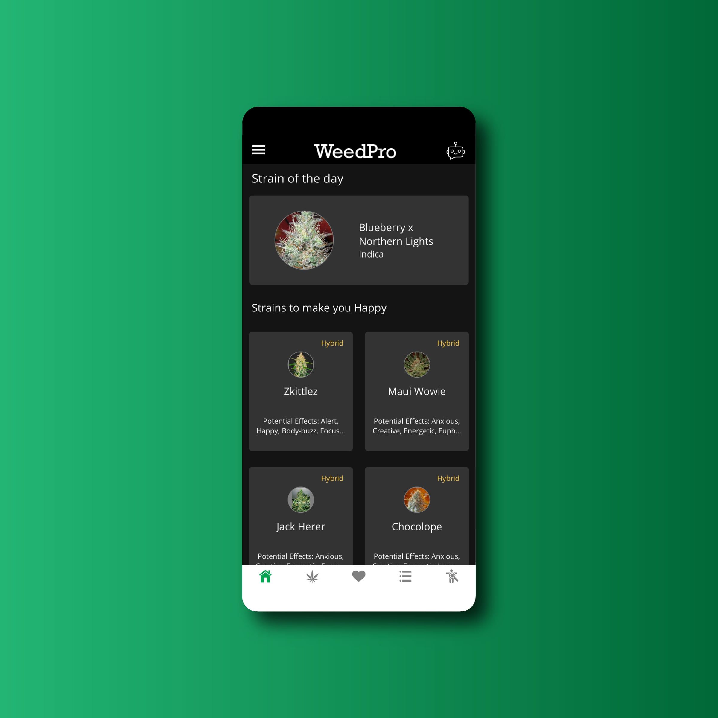 Phone showing the WeedPro home screen with a strain of the day and suggested strains